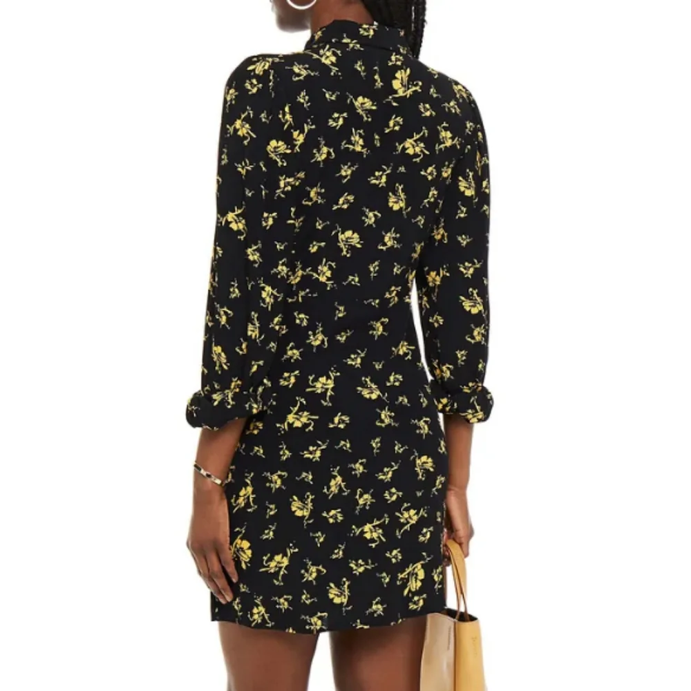 Ganni Black And Gold Floral Printed Crepe Mini Shirt Dress